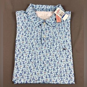 Vineyard Vines Golf Shirt Polo Atlantic Sailing Print XL Blue Polyester